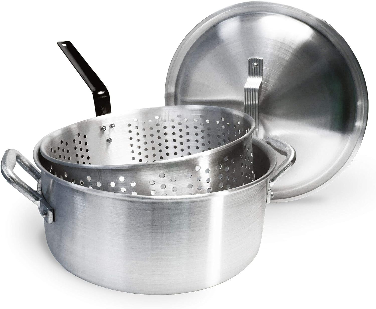 Bayou Classic 1350 14-qt Aluminum Fry Pot w/ Lid and Aluminum Perforated Basket Features Heavy-Duty Riveted Handles Domed Lid Perfect For Frying