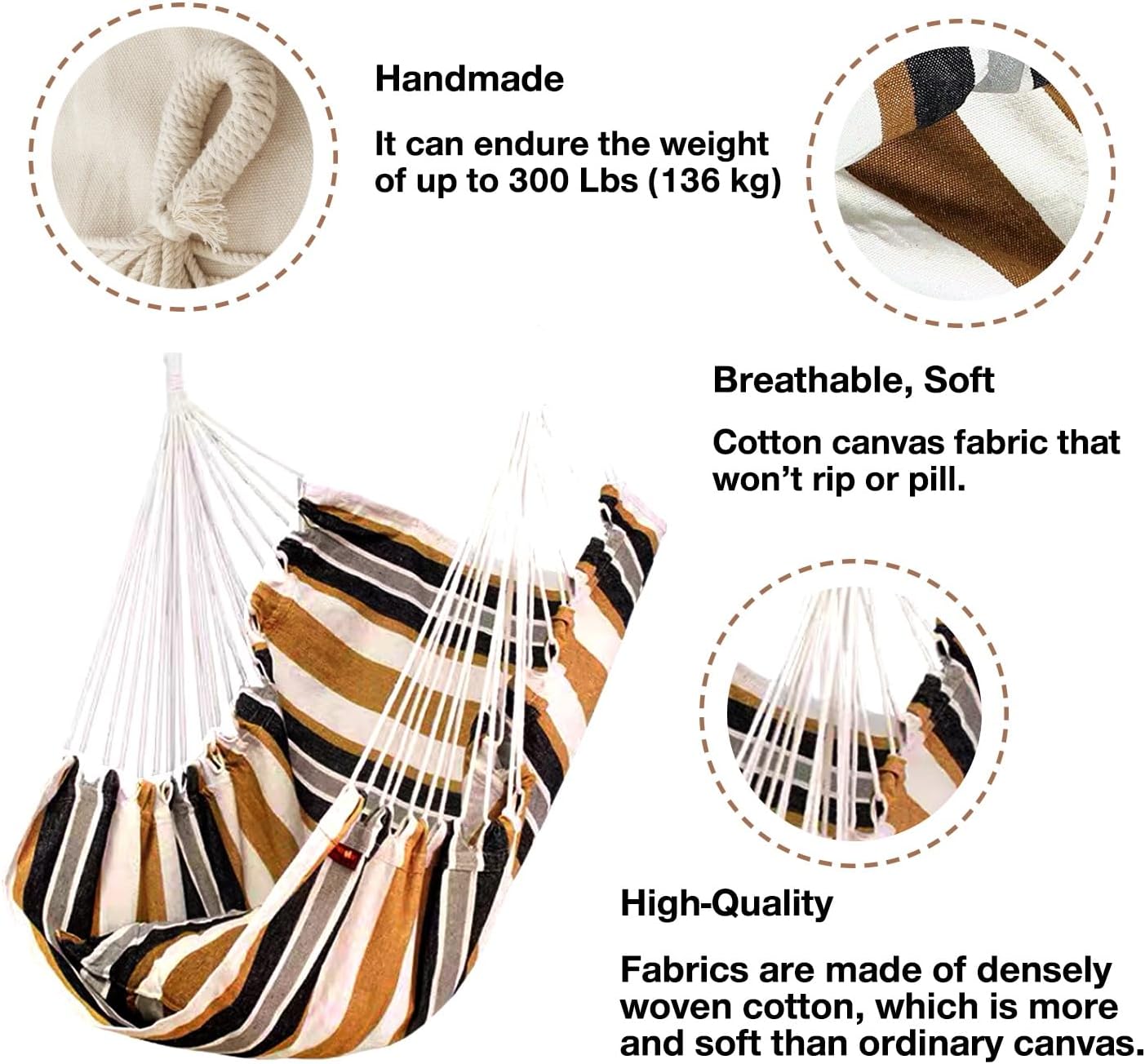 Hommtina Hammock Chair Hanging Rope Swing, Max 300 Lbs Hanging Chair with Pocket & Durability Perfect for Outdoor, Home, Bedroom, Patio