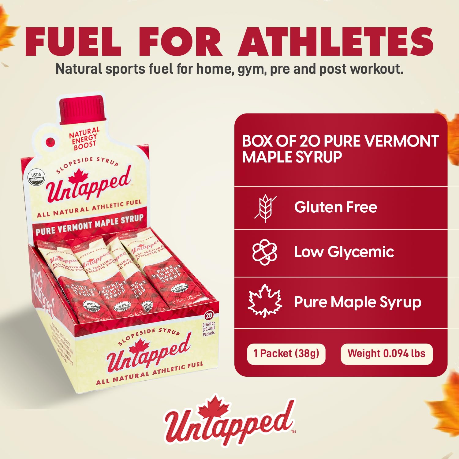 UnTapped Vermont Maple Syrup Packets for Athletes, Box of 20-0.96 Fl Oz | Organic Pure Maple Syrup for Natural Endurance Energy | Fuel to Keep You Running Longer