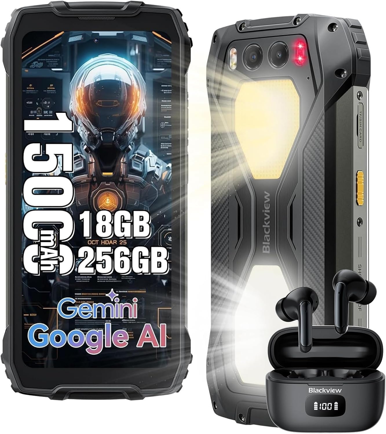 Blackview BV7300 Rugged Phone, 15000mAh/45W, Dual 800LM Camping Light, Night Vision Camera, 18GB+256GB/2TB Rugged Smartphone Unlocked Gemini AI