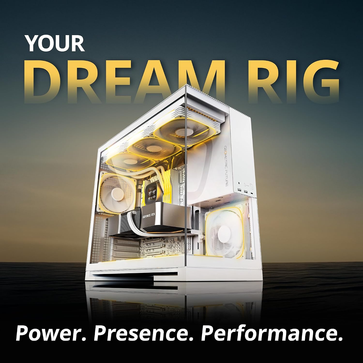 Geometric Future M5 Tempered Glass Mid Tower, E-ATX/ATX Gaming Case, 1.2mm Steel, Type C, Toolless Panels, Support 420/360 Radiator, ARGB PWM 140m Fan x 5 Pre-Installed, Black/Yellow, GEO-M5F-BY