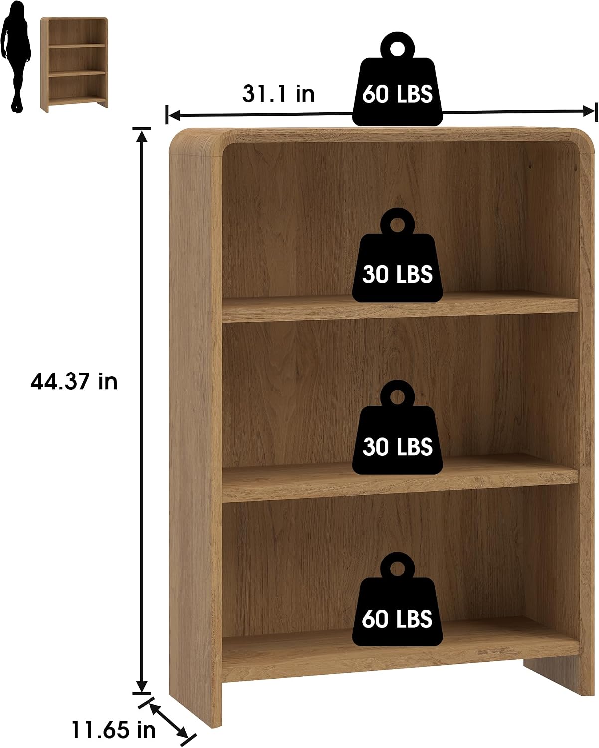 Bevfint 44" Bookcase Tall 3 Shelves Wood Bookshelf with Curved Soft Edges, Heavy Duty Storage Cabinet for Professional Home Office and Living Room, Modern Natural Oak Grain Finish