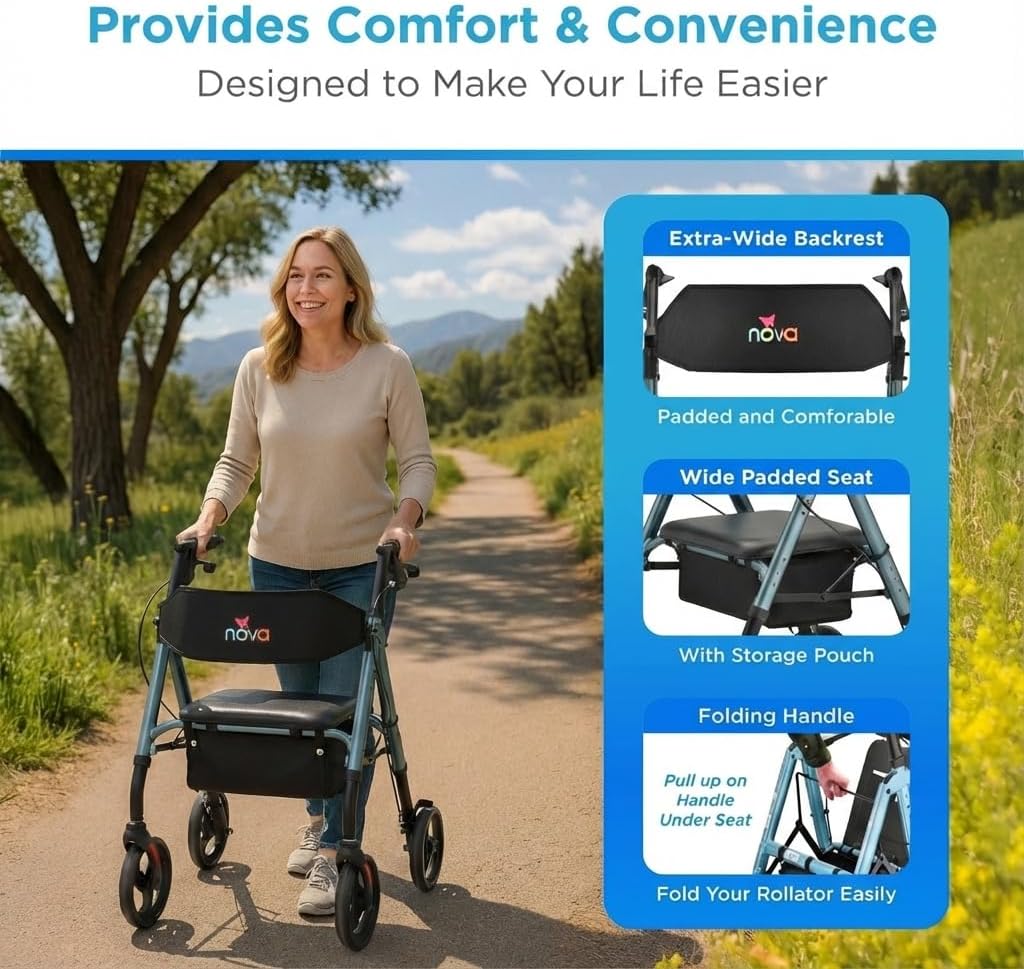 NOVA Star 8 Foldable Rollator Walker for Seniors (5'3"–6'2"), Wide Padded Backrest with Seat, 8” All-Terrain Wheels, Easy-Grip Locking Hand Brakes, Height Adjustable, Sky Blue