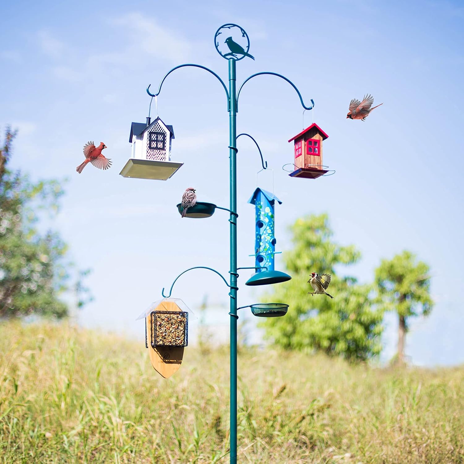 Kingsyard Metal Bird Feeders for Outdoors Hanging, Tube Bird Feeder | 14 in, 6 Feeding Ports, drainage holes, 2 lbs Seed Capacity, Weatherproof, Stays Dry & Fresh, Easy to Clean & Refill, Yellow