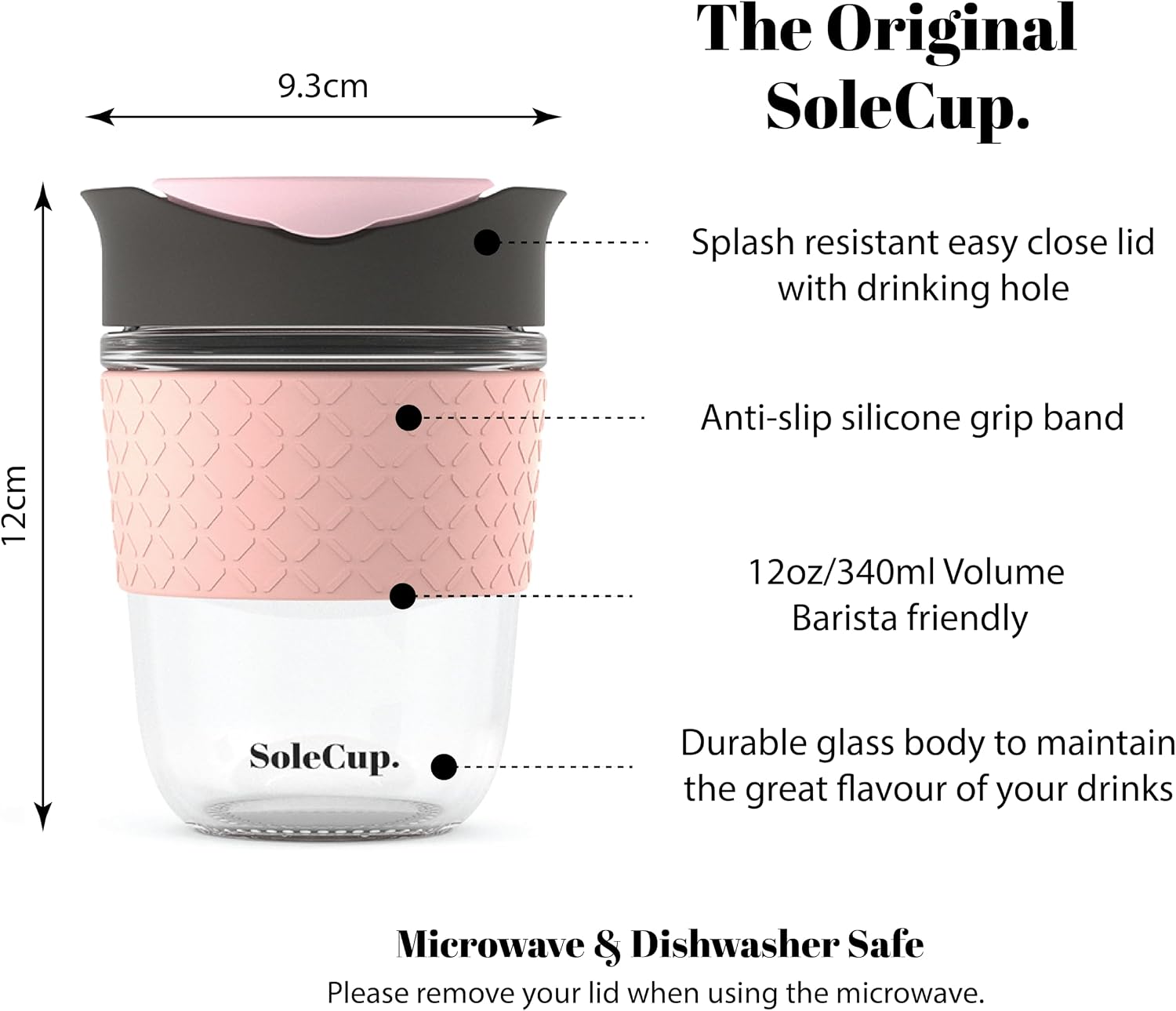 Large Travel Mug - Reusable Glass Coffee Mug - 18oz/530ml BPA-Free Hot Drink Travel Mug with Lid & Silicone Band (Black, 18oz)