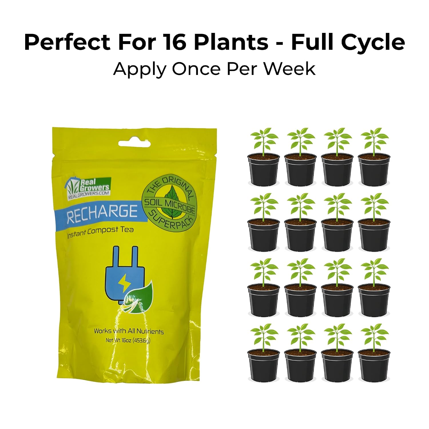 Real Growers Recharge 16oz – Mycorrhizae & Soil Microbes Instant Compost Tea for Root Growth, Transplant Support & Nutrient Uptake