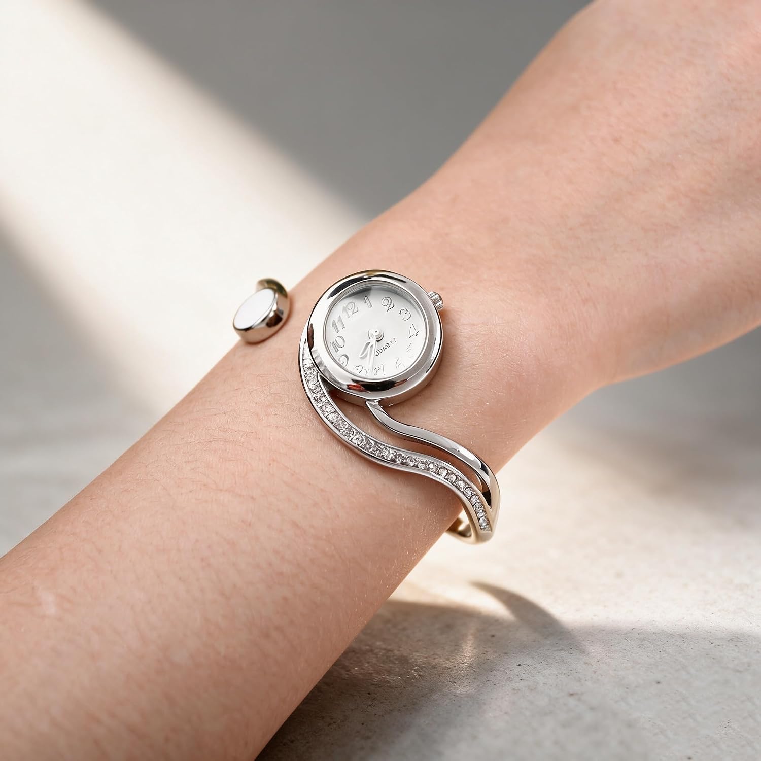 Top Plaza Women Casual Elegant Silver Tone Small Dial Bangle Cuff Bracelet Dress Analog Quartz Watch 6 Inches
