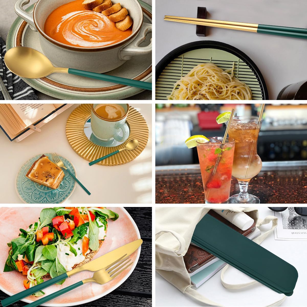 AARAINBOW 6 Pieces 18/8 Stainless Steel Flatware Set Portable Reusable Cutlery Set Travel Utensils Set Including Chopsticks Knife Fork Spoon Straws