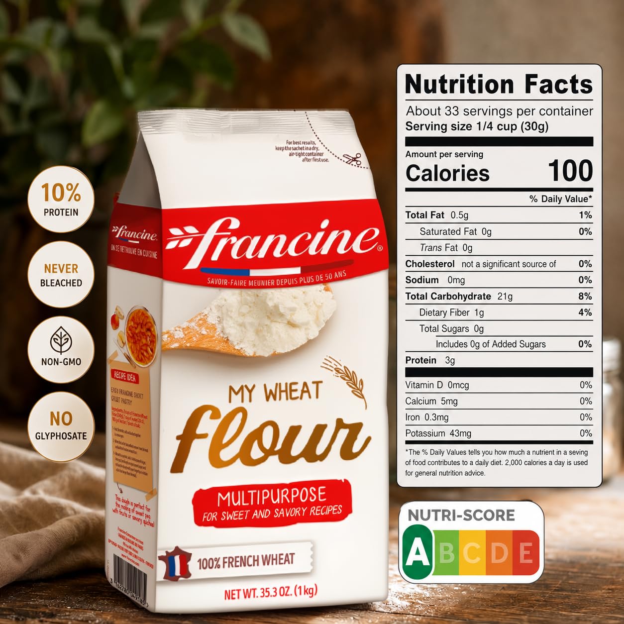 Francine T65 All-Purpose French Flour, Unbleached, 10% Protein, 2.2lb (2-Pack)