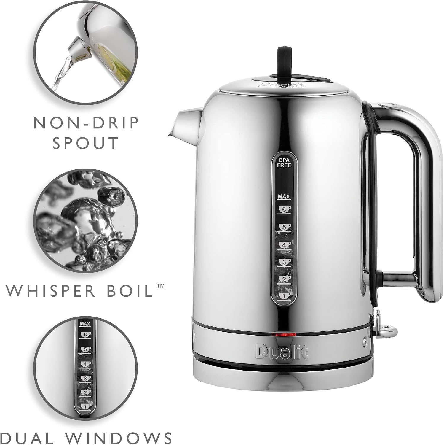 Dualit Classic Kettle - Polished Stainless Steel with Black trim- Quiet boiling kettle - 90 Second Boil Time - 1.7L Capacity, 1.5kW