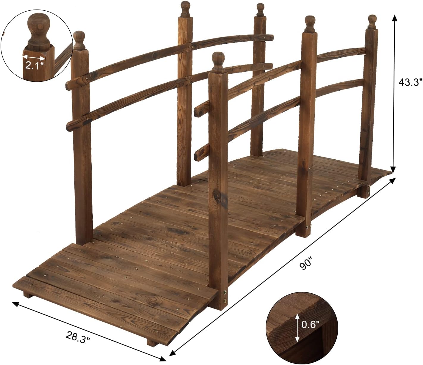 VINGLI 5 ft Garden Bridge, Classic Wooden Arch with Safety Rails Stained Finished Footbridge, Decorative Pond Landscaping, Backyard, Creek or Farm