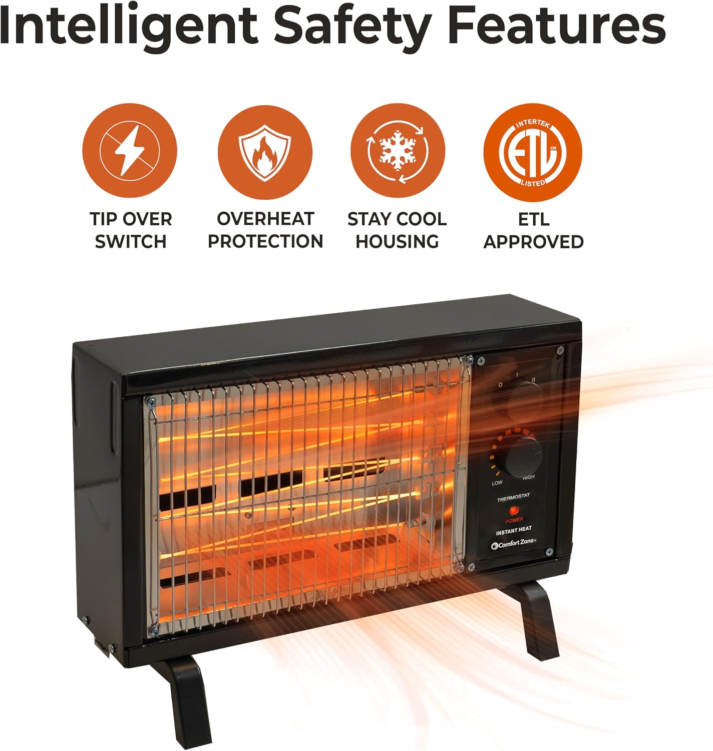 Comfort Zone Portable Indoor Radiant Space Heater, 1500 watts, Adjustable Thermostat, All Metal Body, Wire Element, Overheat Protection, Radiant Heat