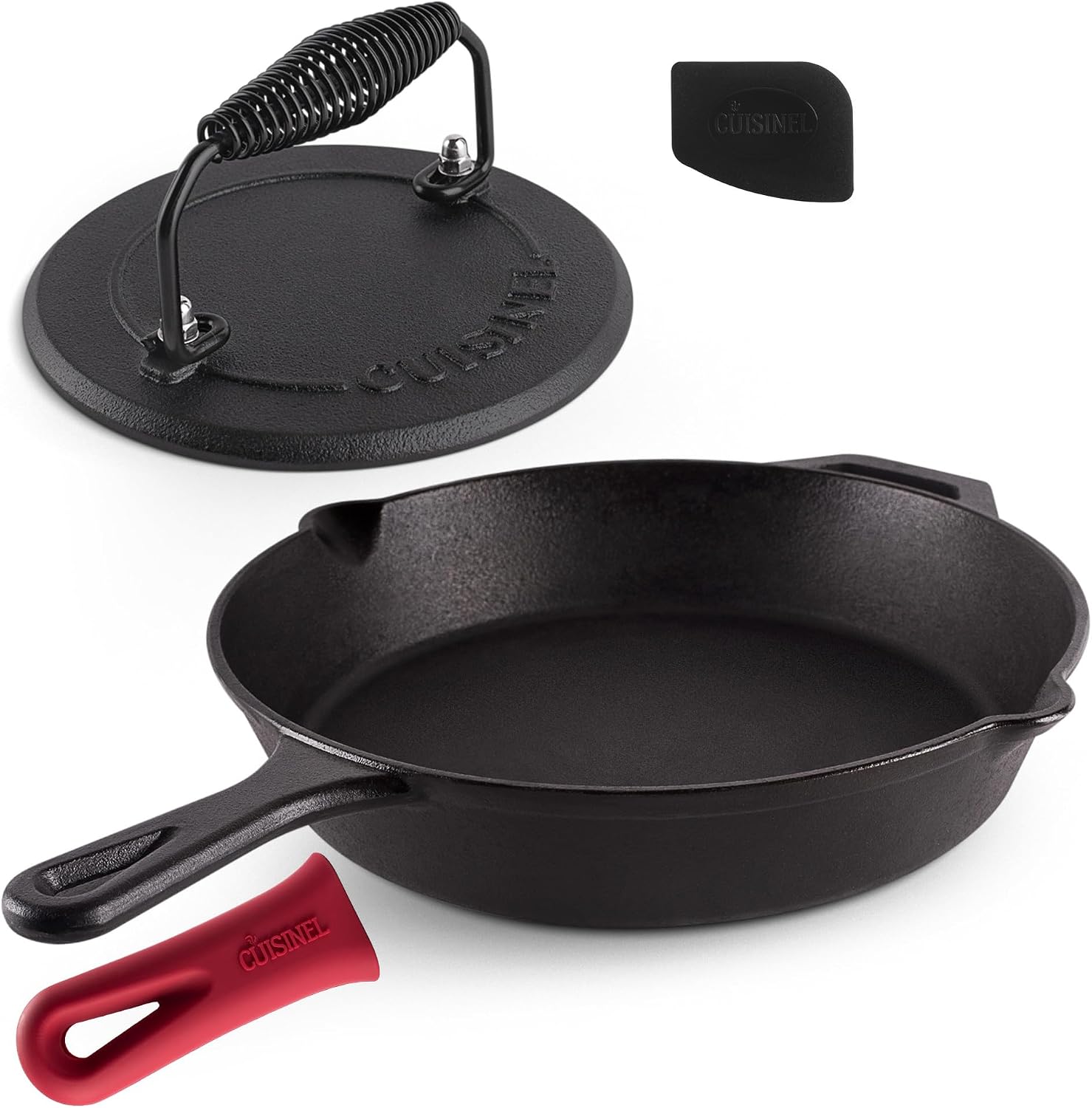 Cuisinel Cast Iron Skillet with Lid - 10"-Inch Pre-Seasoned Frying Pan + Glass Cover + Heat-Resistant Handle Holder - Indoor/Outdoor Use - Grill, Stove, Camp Firepit, Induction - Oven Safe Cookware