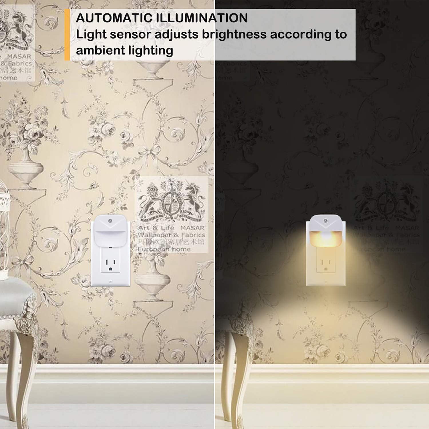 Uigos LED Night Light Plug in with Dusk to Dawn Sensor, Auto On Off Nightlight for Bedroom Bathroom Hallway Stairs Kitchen, Warm White Glow