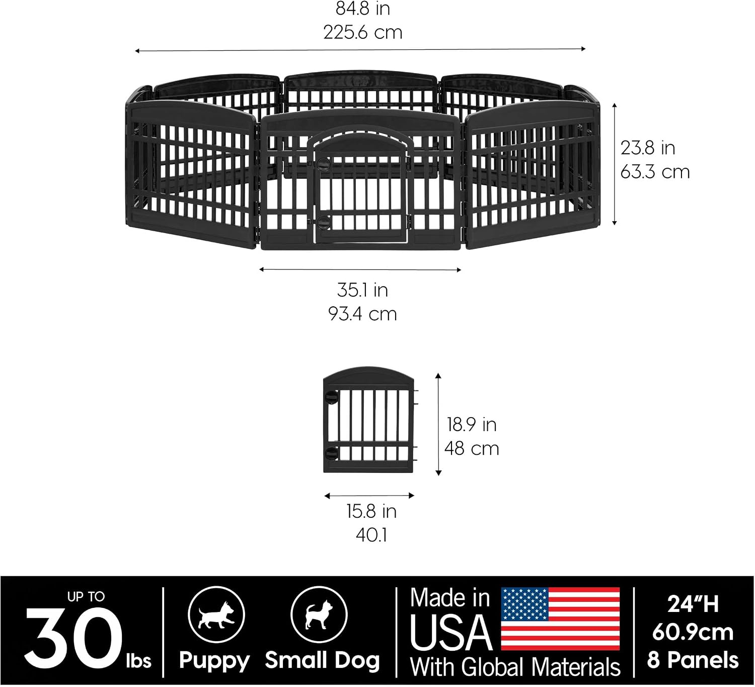IRIS USA 4-Panel Dog Playpen, Pet Enclosure, Black | Pet Containment, Configurable Layout, Multi-Shape Setup, Custom Pen Configuration, Stable Non-Tip Base, Tool-Free Assembly