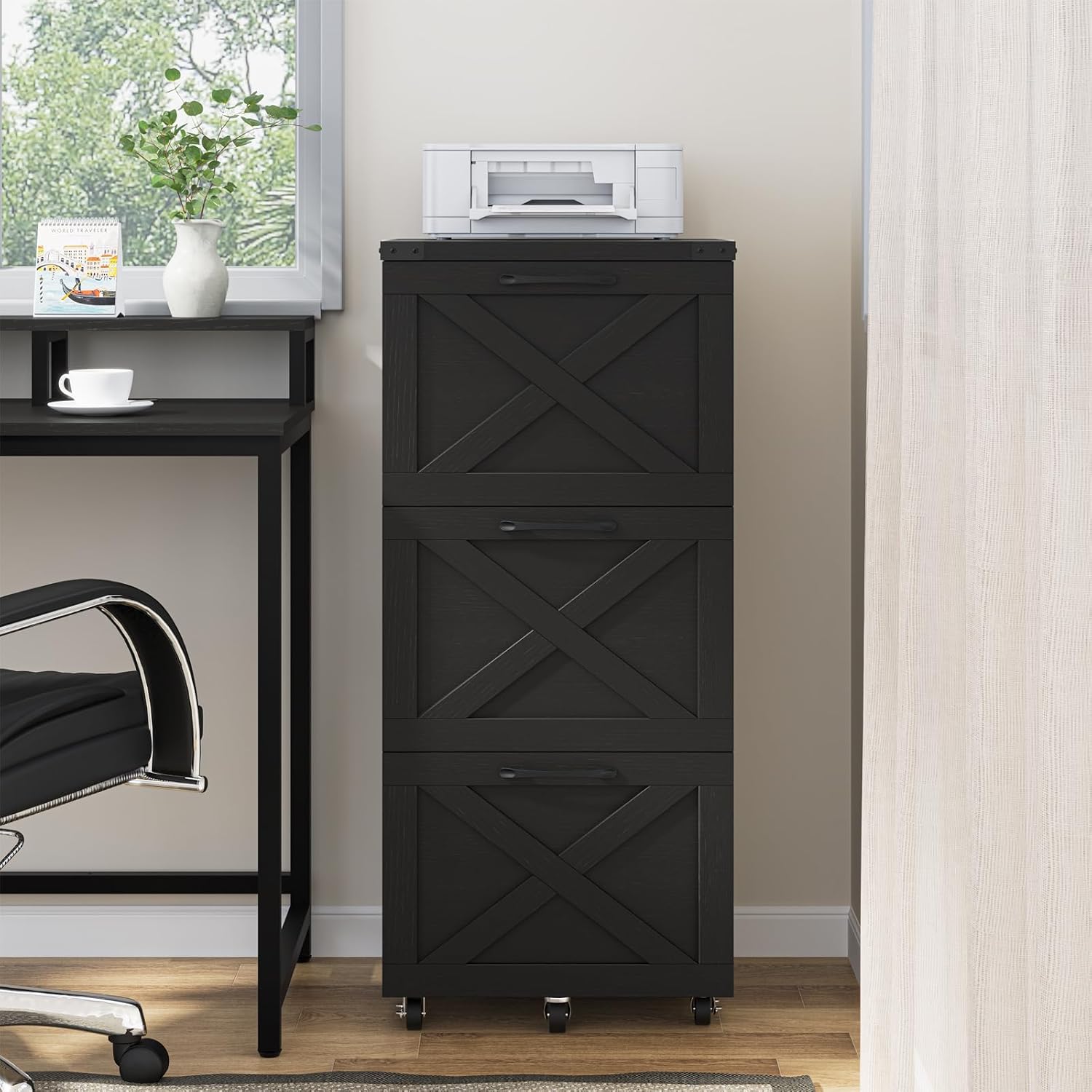 3 Drawers Tall Farmhouse File Cabinet with Wheels for Home Office, Black | Halitaa Vertical Filing Cabinet Fits Letter/A4 Size, Rolling File Cabinet Wooden Printer Stand for Home Office