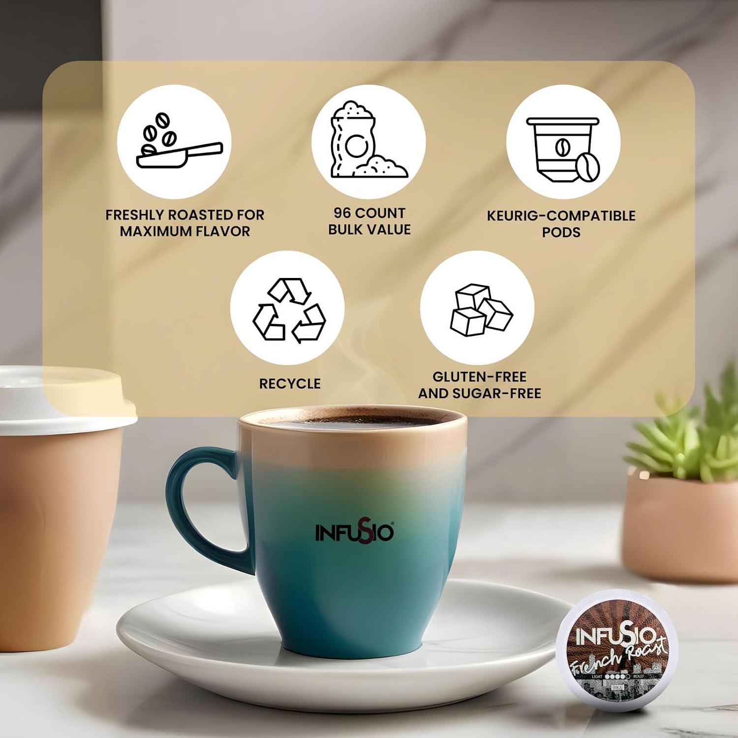 InfuSio Coffee Pods World Origins Variety Pack – 96 Count, 12 Blends Inspired by Colombia, Ethiopia, Kenya, Costa Rica & More, Medium & Dark Roast, Low Acid, Keurig Compatible