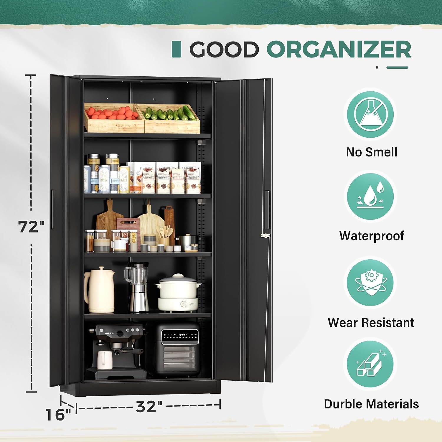 Greenvelly Steel SnapIt Storage Cabinet, 72" Locking Metal Garage Storage Cabinet with 4 Adjustable Shelves, 2 Doors and Lock for File, Office, Garage