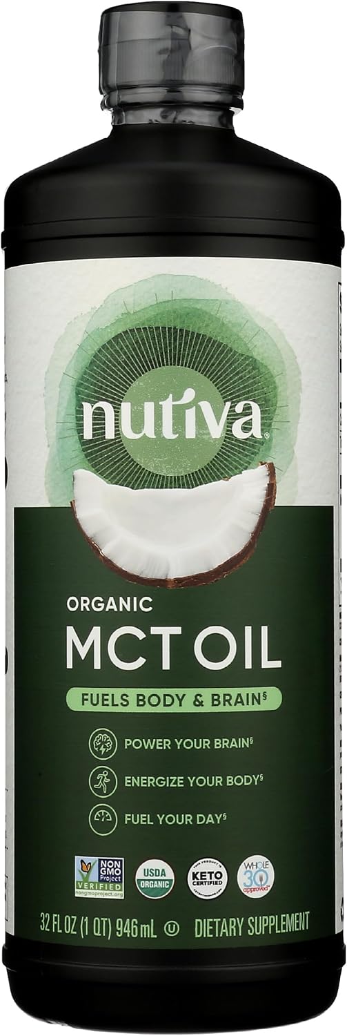 Nutiva Organic MCT Oil, Unflavored, 32 Oz, USDA Organic, Non-GMO, Non-BPA, Whole 30 Approved, Vegan, Gluten-Free & Keto, 14g MCT per Serving & Neutral Flavor for Energy Boost to Coffee, Shakes and Salads