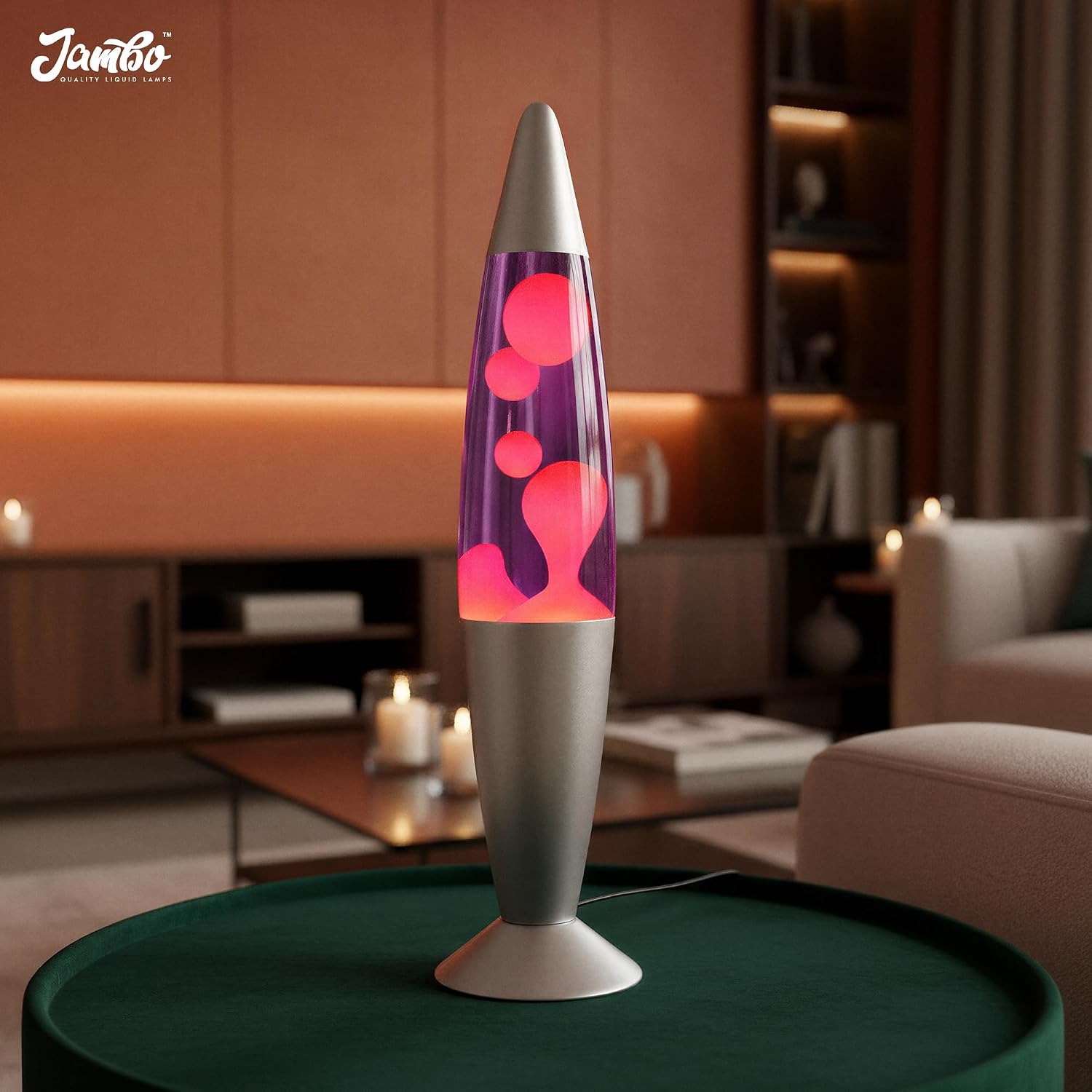 JAMBO 16" Beautiful Lamp- Purple with Yellow/Orange Wax, Relaxing Liquid Light, Night Light Nightlight