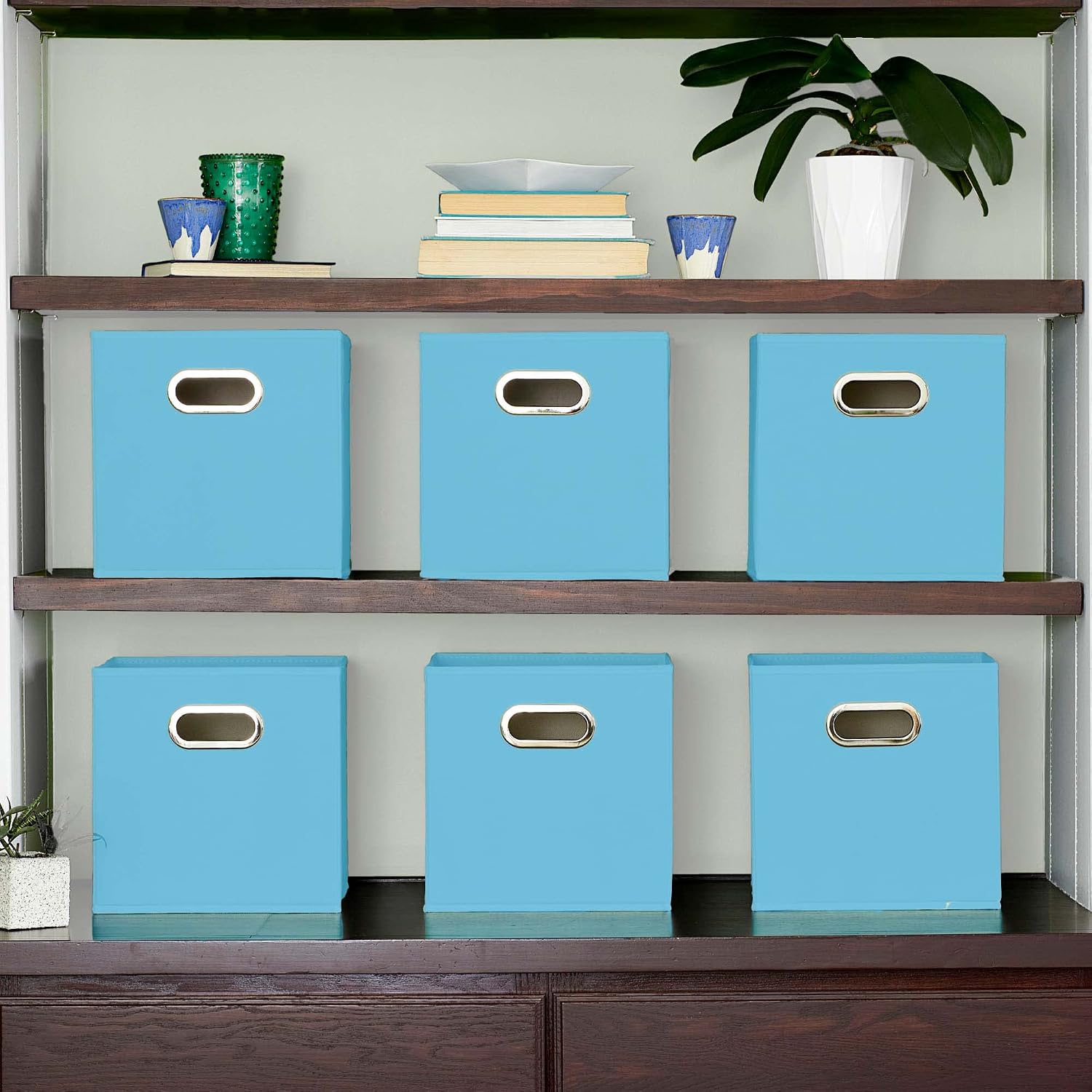 Household Essentials Fabric Storage Bins 6 Piece Set, Strong Poly-Woven Fabric, Sturdy Chipboard Sides, Grommet Front Handle, Stackable and Foldable, Classic Design, Navy