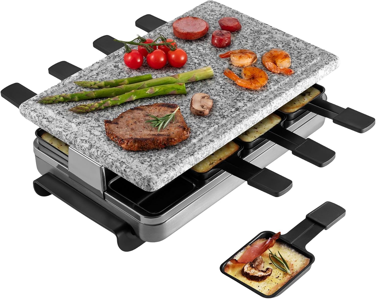 Swissmar Classic 8-Person Raclette Party Grill - Indoor Electric Grill & Griller with Reversible Cast Iron Grill Plate/Crepe Top - Anthracite Black