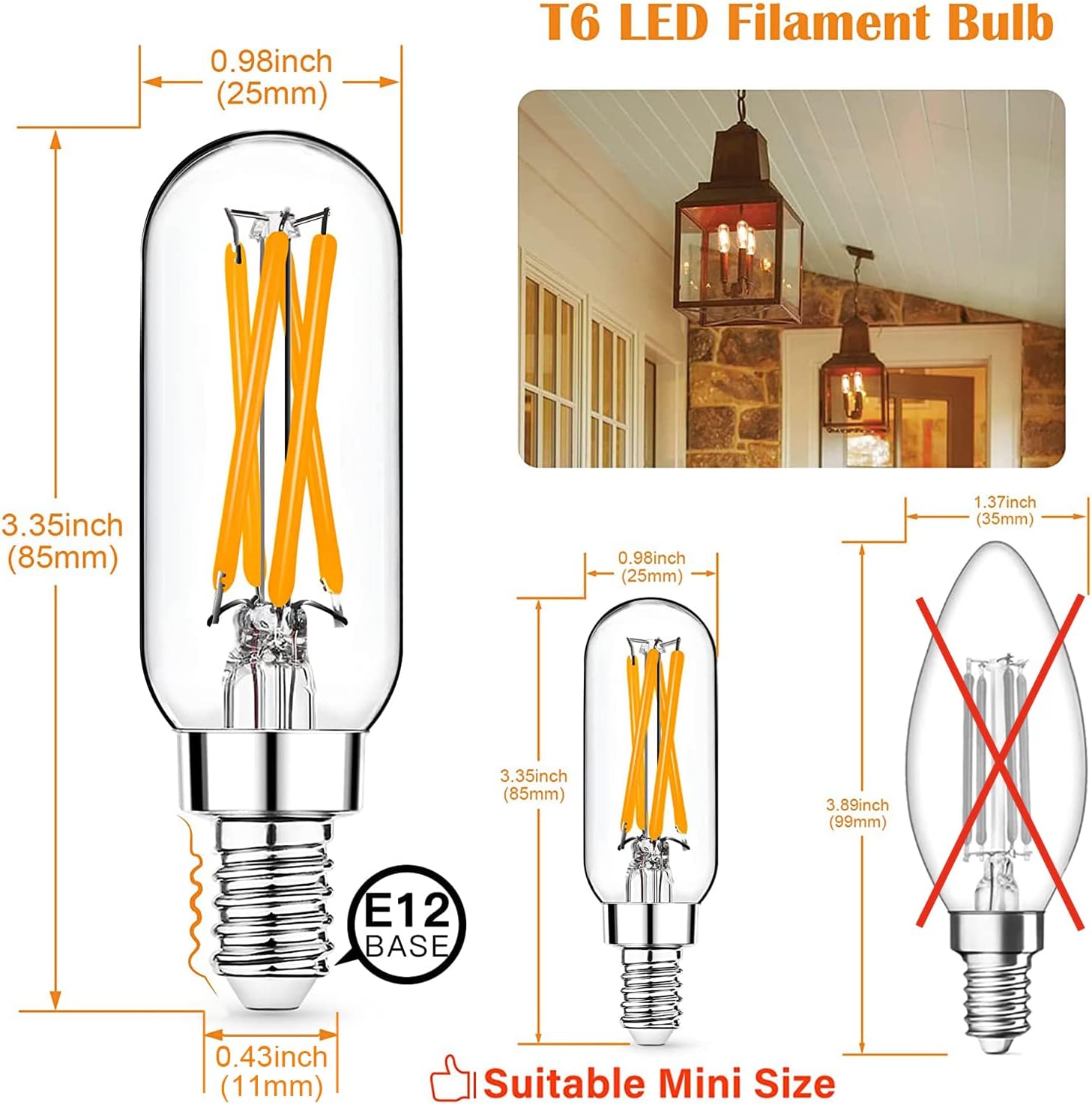 12 Pack E12 LED Edison Bulbs, 4W Dimmable T6, 2700K Warm White | Equal 40W, Dimmable T6 T25 LED Bulb, 420lm, No flicker, Candelabra light bulb for Chandelier, Ceiling Fan, Not E26 Base