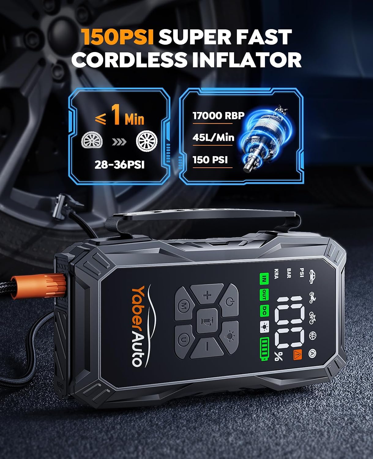 YaberAuto 12-in-1 Jump Starter with Air Compressor 8000A 160PSI 65W Charging, Portable Car Battery Jump Starter (All Gas/14L Diesel) Jump Box Car Battery Jumper Starter Portable Jumper Cables, 160W DC