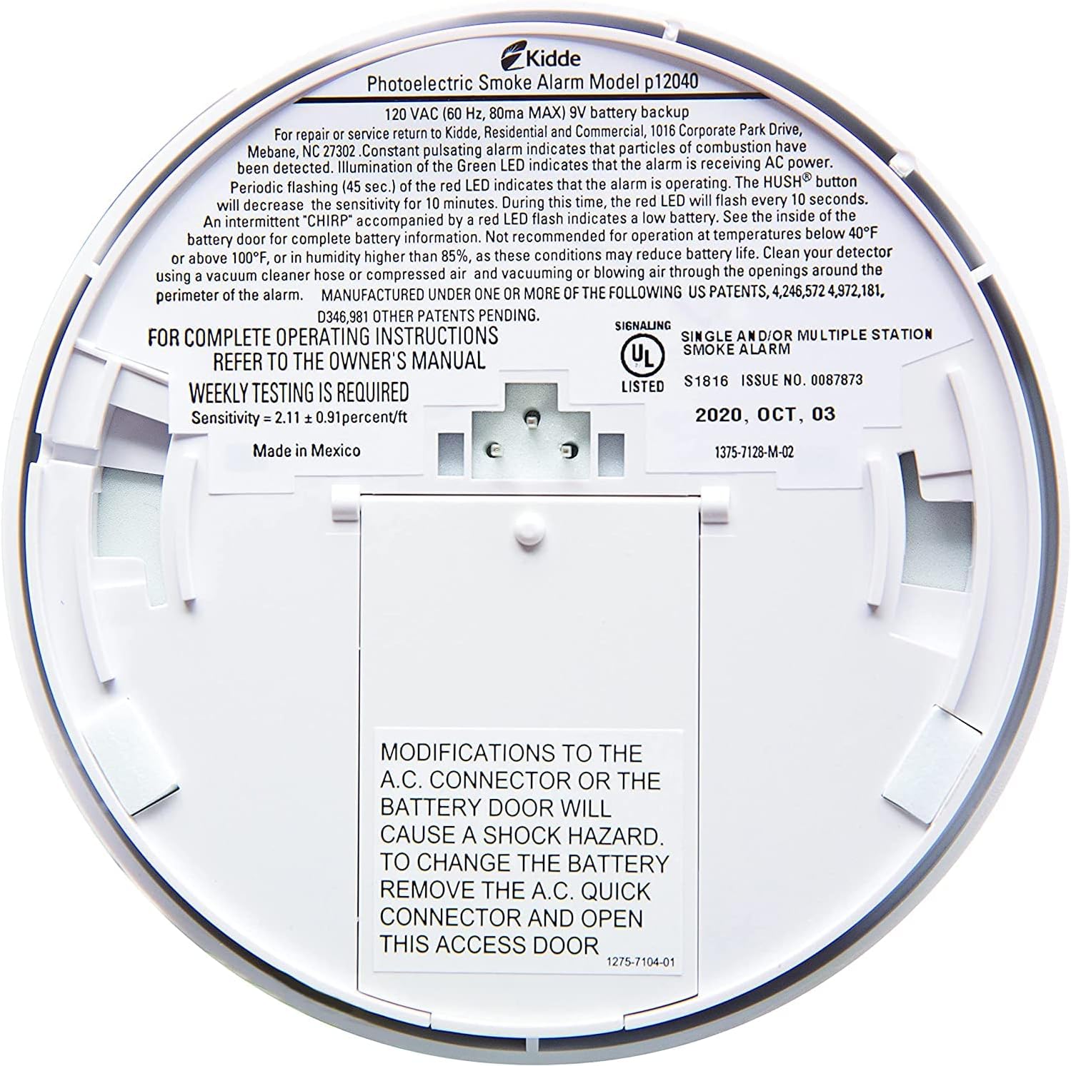 Kidde Smoke Detector, Hardwired Smoke Alarm with 9-Volt Battery Backup, Test-Reset Button, Interconnect Capability, 1 Count (Pack of 1), White