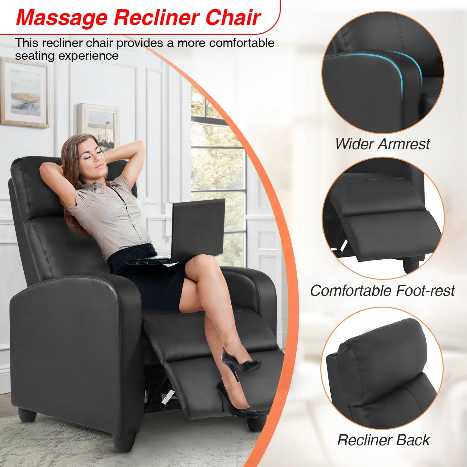 FDW | Recliner Chair | with 2 Point Massage Function | Black, PU Leather