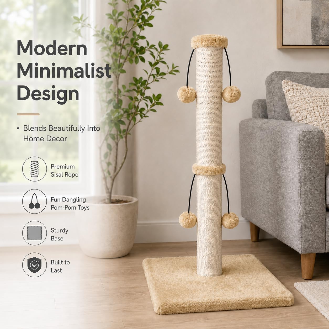 Dimaka 29'' Cat Scratching Post, Natural Sisal Rope Scratcher Post, Kitten Claw Scratch with 4 DanglingToy Balls for Large Cats (Grey)