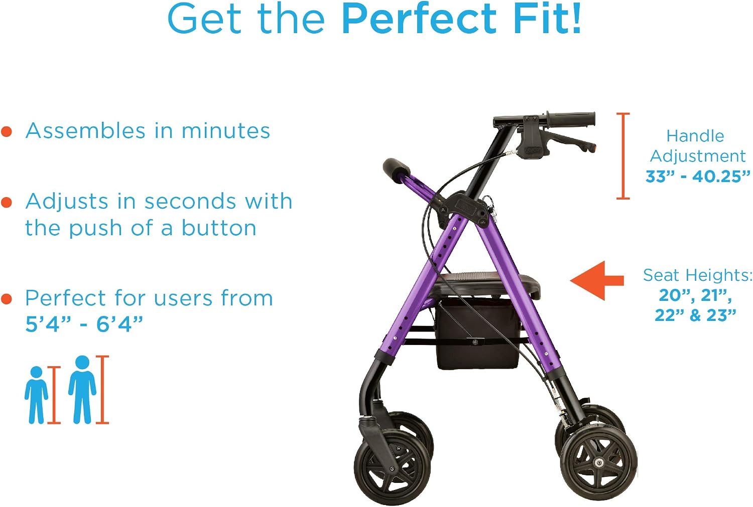 NOVA Star DX Foldable Rollator Walker, Wide Padded Seat, 8” Rugged All-Terrain Wheels, Easy-Grip Locking Hand Brakes, Fold Lock, Height Adjustable