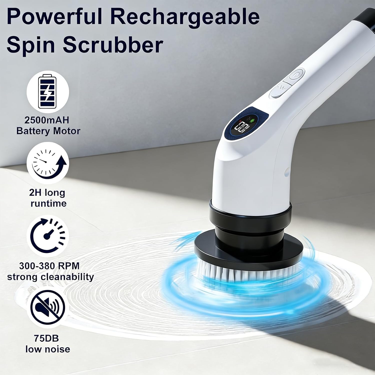 Electric Spin Scrubber for Cleaning with 7 Replaceable Heads | Adjustable Shower Brush with LED Display