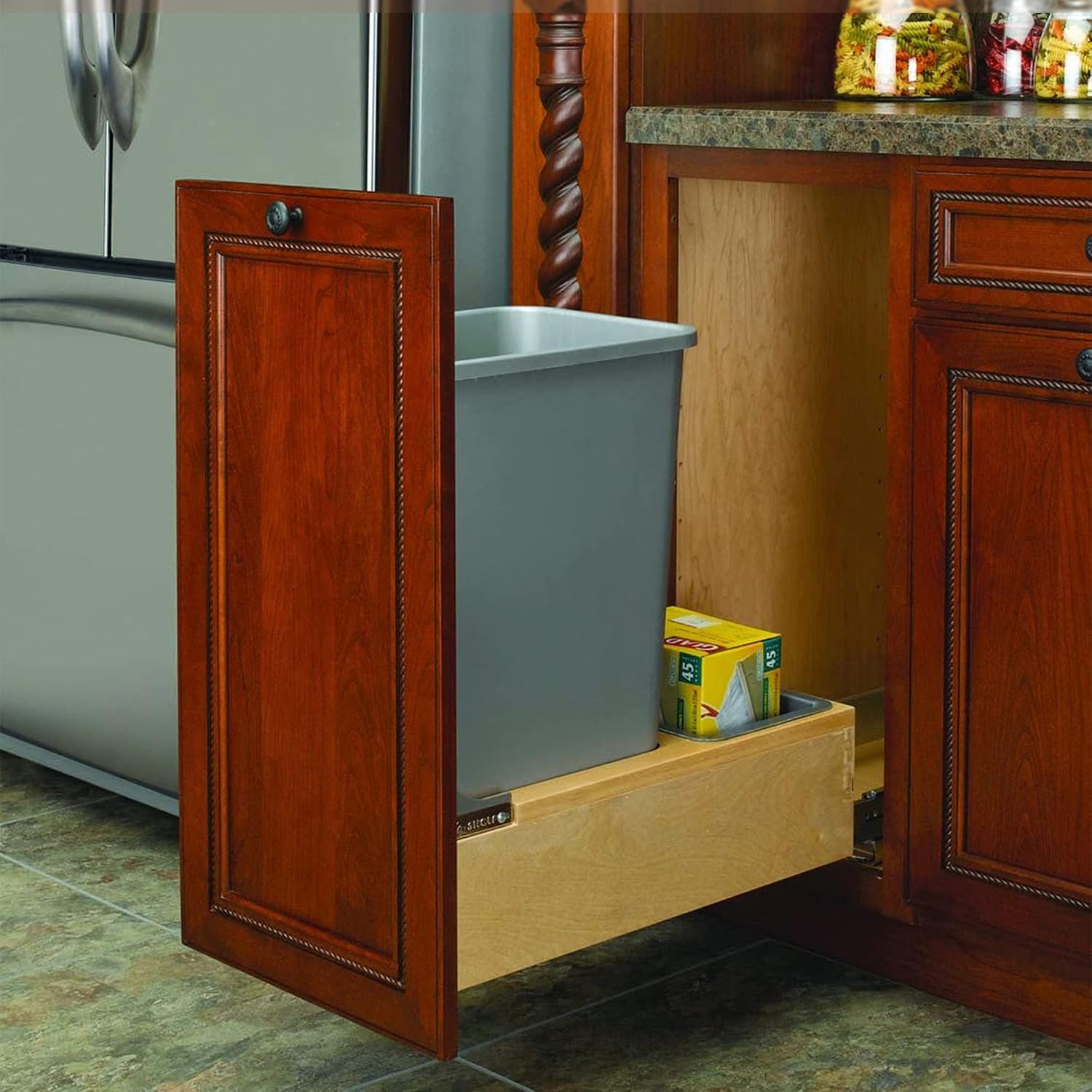 Rev-A-Shelf Pullout Under Counter Trash Can, 50 Qt 12.5 Gal Garbage Container with Soft-Close and Soft-Open Slides, Silver, 4WCBM-1550DM-1