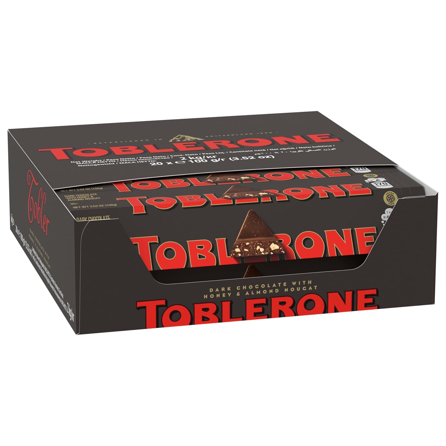TOBLERONE Dark Chocolate Bar with Honey and Almond Nougat, 20 Bars | Bulk Chocolate
