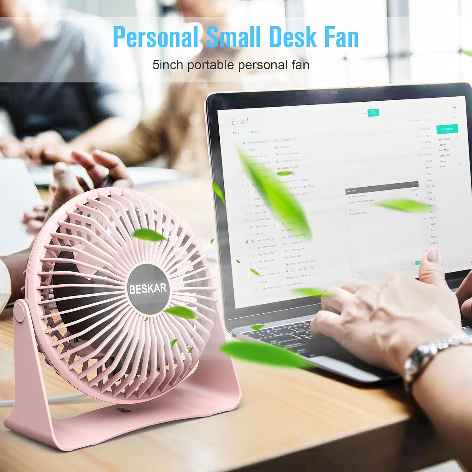 BESKAR USB Small Desk Fan, Portable Table Fans with 3 Speeds Strong Airflow