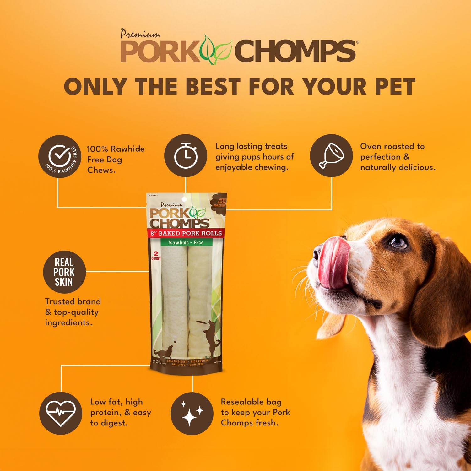 Pork Chomps Rawhide Free Pork Skin Dog Chews, Chicken Wrap, 8in Rolls, 2ct