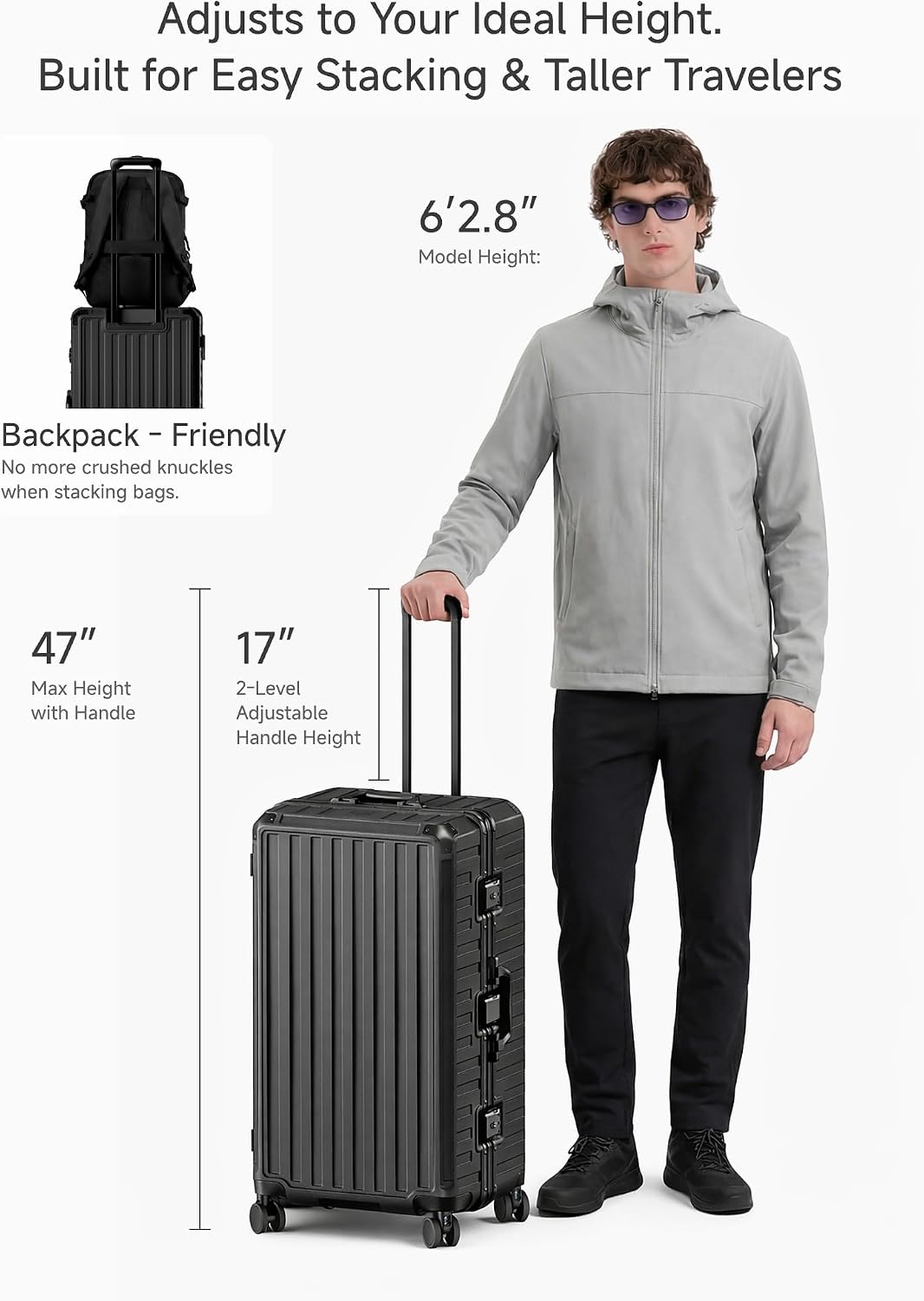 LUGGEX Front Opening Zipperless Carry On Suitcase, Black, 21" | Carry On Luggage, Front Opening, Airline Approved, TSA Lock, 8 Spinner Wheels, 36L Capacity, HUP-Pro Hard Shell, ZX-Core