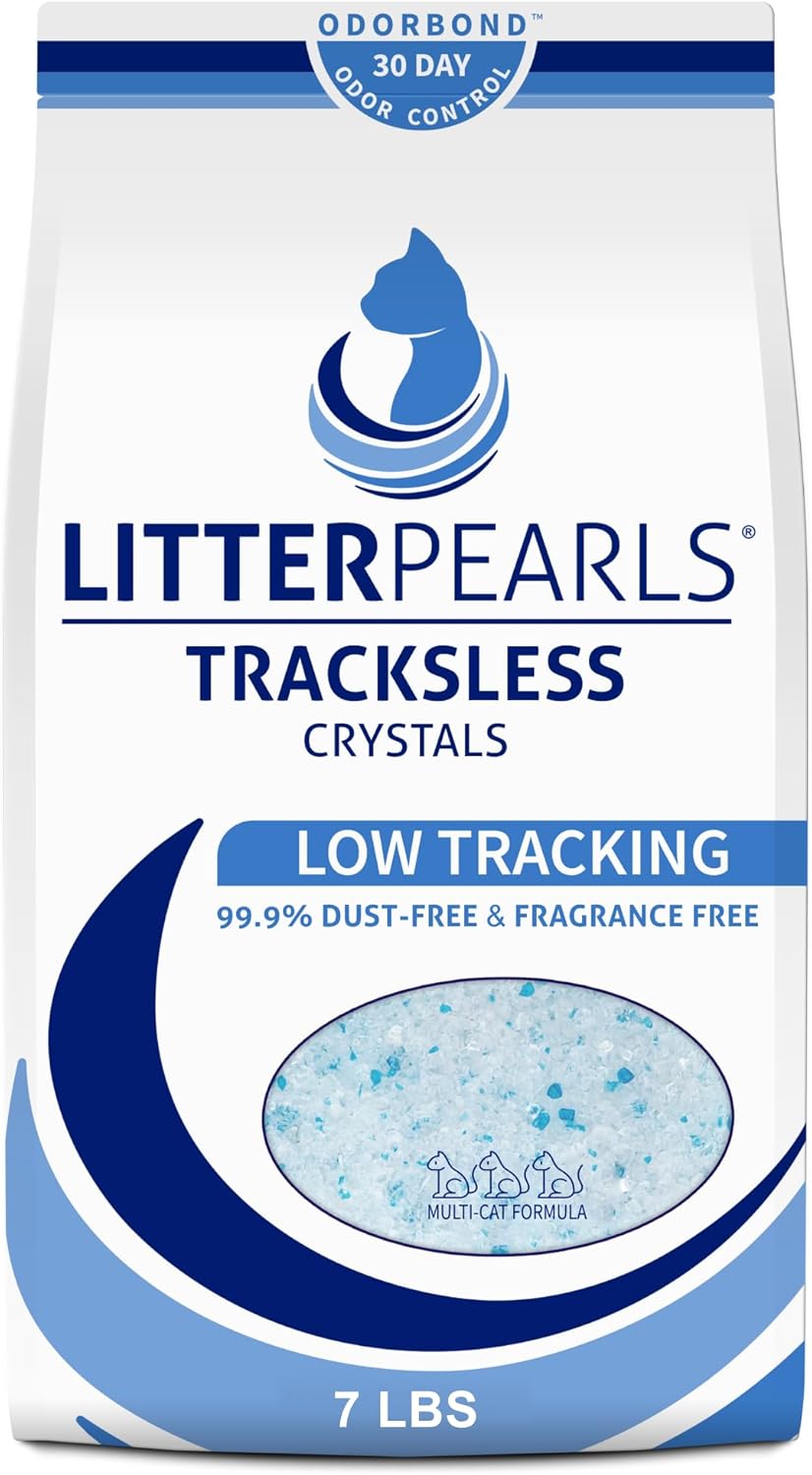 Litter Pearls Tracksless Unscented Non-Clumping Crystal Cat Litter with Odorbond, 7 lb, White, Clear and Blue Crystals