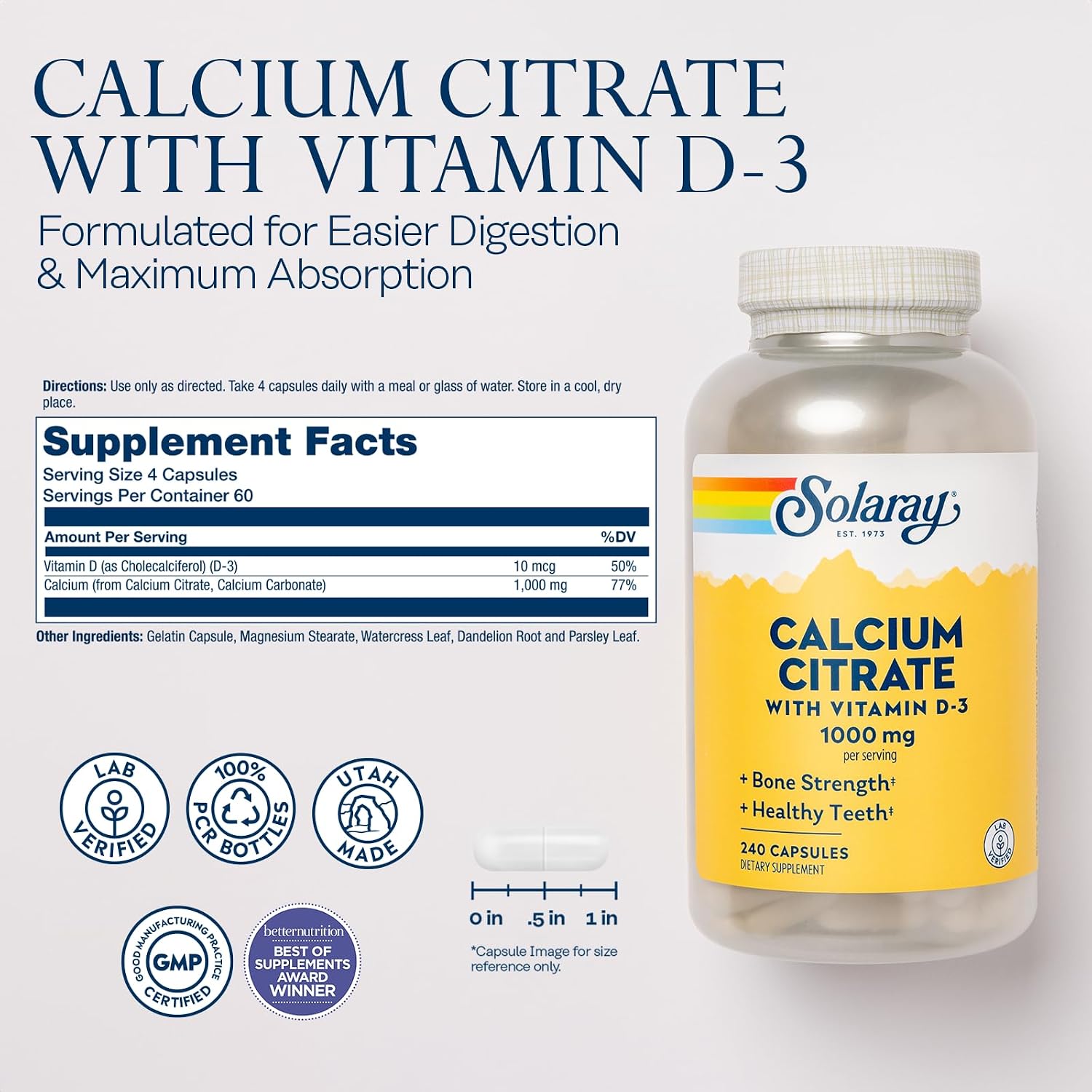 SOLARAY Calcium Citrate with Vitamin D3 1000 mg, 240 Capsules | Bone, Teeth, Muscle & Nerve Support - Gentle Digestion Formula - 60 Servings - Lab Verified