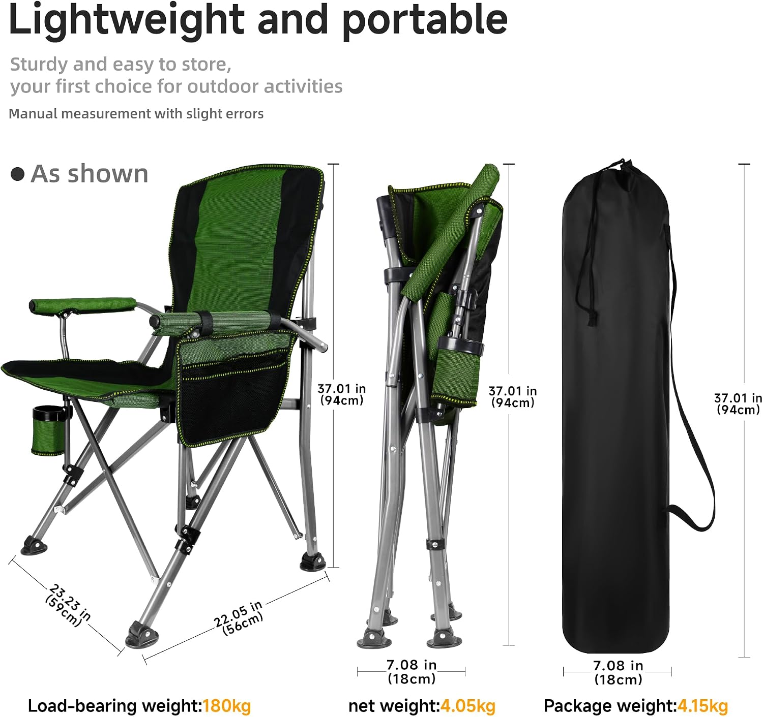 Adjustable Back Folding Camping Chair for Camp, Picnic, Lawn, Fishing | Adjustable Back; Weight Capacity 400 LBS;Hard Arm Portable Chair;Cup Holder;Storage Bag;carrying bag