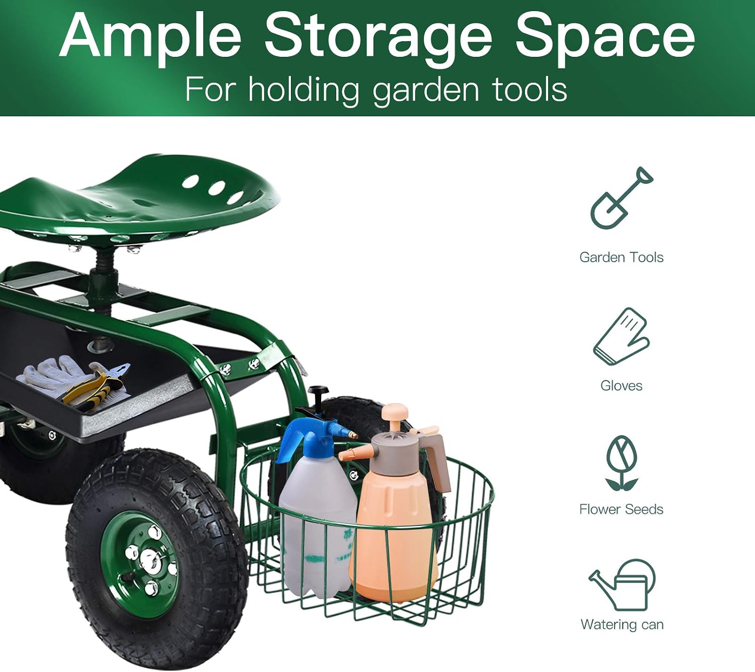 Giantex Rolling Garden Cart with Seat, 4-Wheel Gardening Workseat with Storage Basket, Swivel Stool Adjustable Seat, Steering Handle