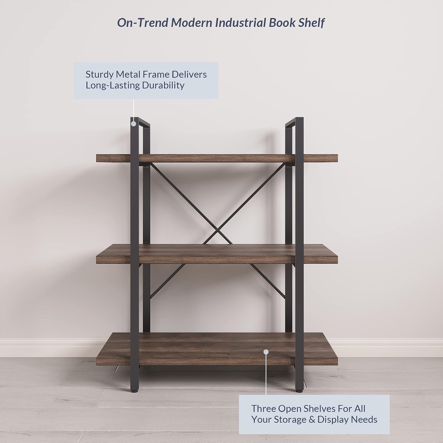 BELLEZE 4 Tier Modern Rustic Industrial Bookshelf, Open Wide Office Etagere Book Shelf