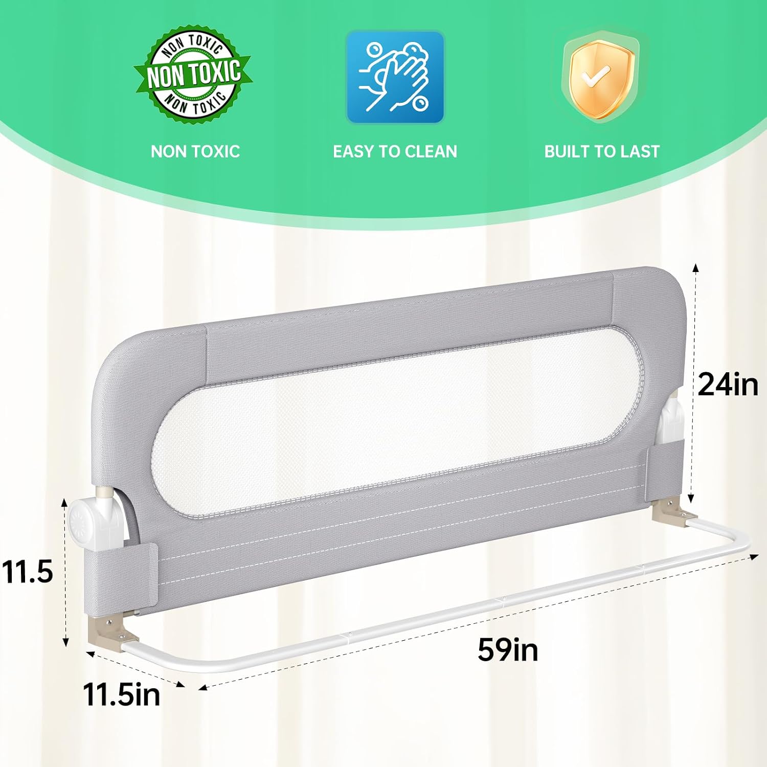 UPGOGO Folding Bed Rail for Toddlers, White, 71" L x 23.6" H | U-shaped base，Reinforced Anchors, Built-in Sponge , Secure lock