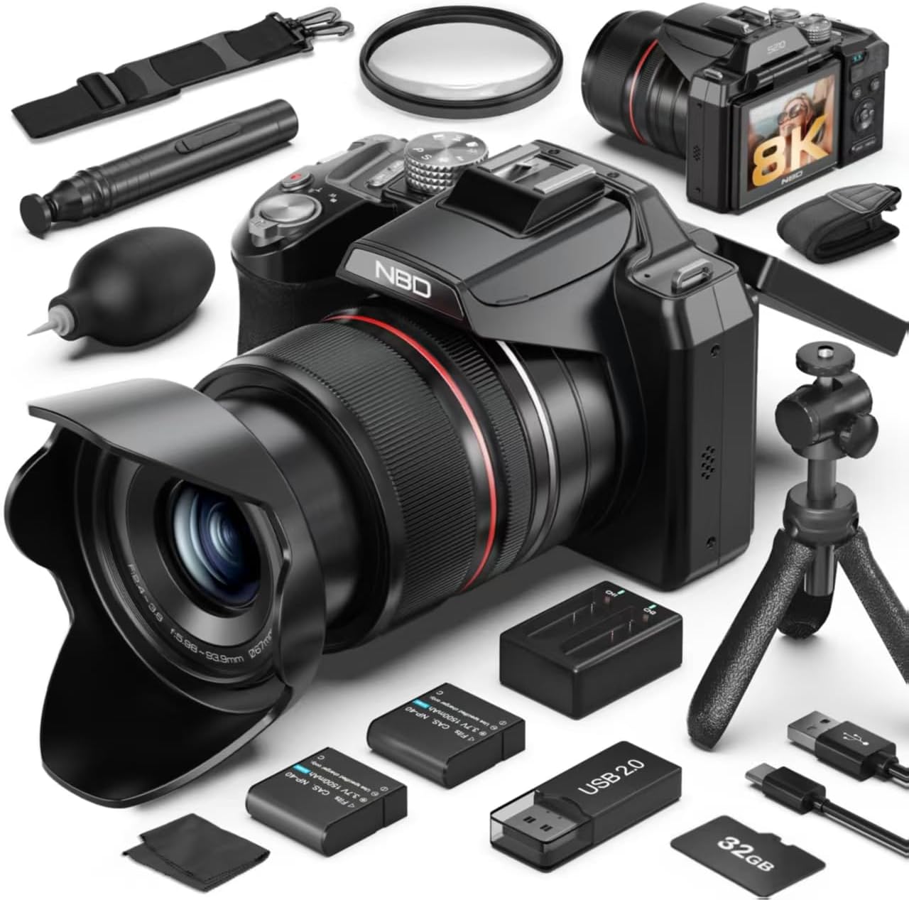 8K & 64MP Digital Camera for Photography, 48X Zoom with Moon Mode，Black | 16X Optical + 3X Digital, 180° Flip Screen, WiFi, Micro HDMI