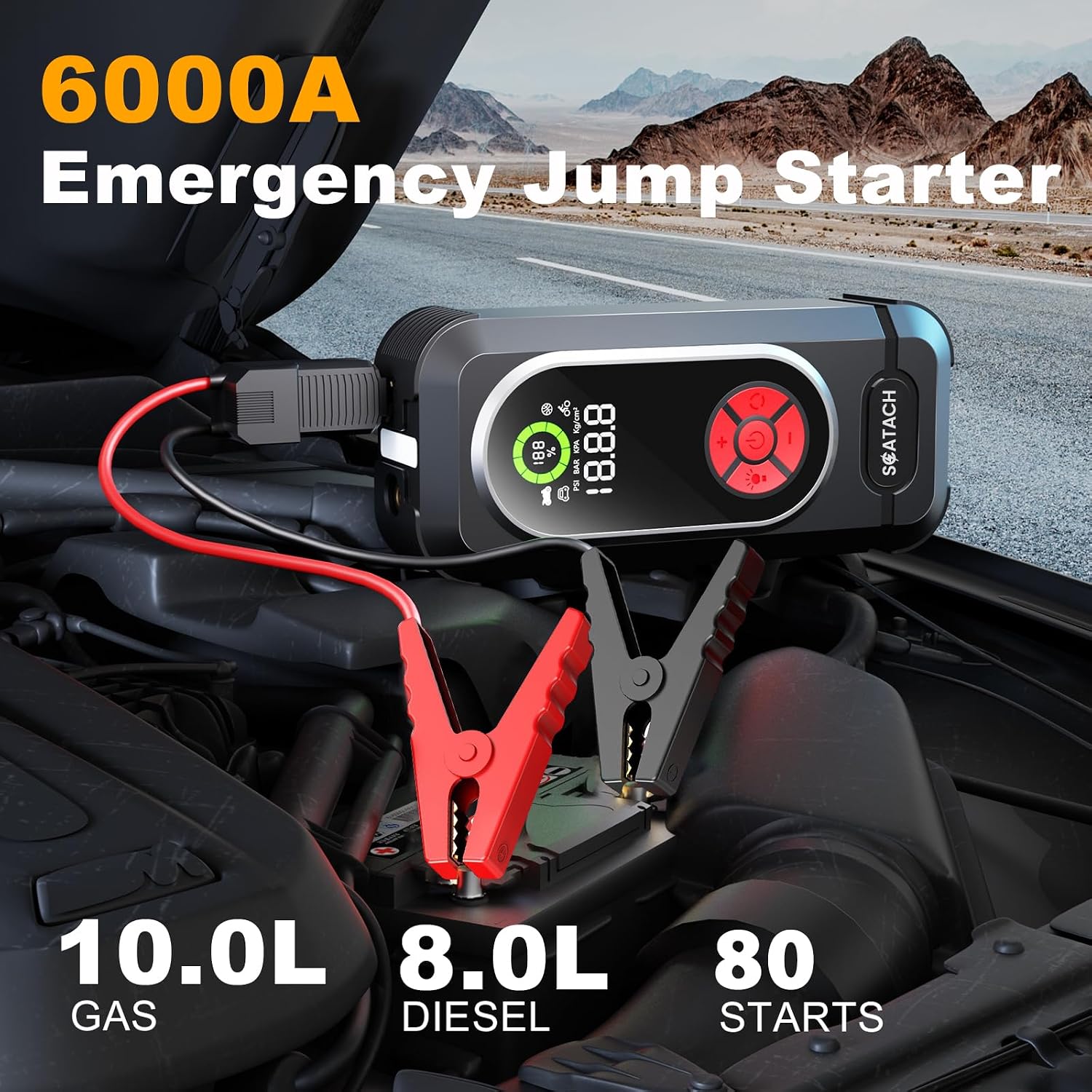 Scatach 4000A Car Battery Jump Starter, 12V Jump Starter Battery Pack (up to 10.0L Gasoline and 8.0L Diesel Engine), Portable Jump Box with Jumper Cable, LED Display, LED Light