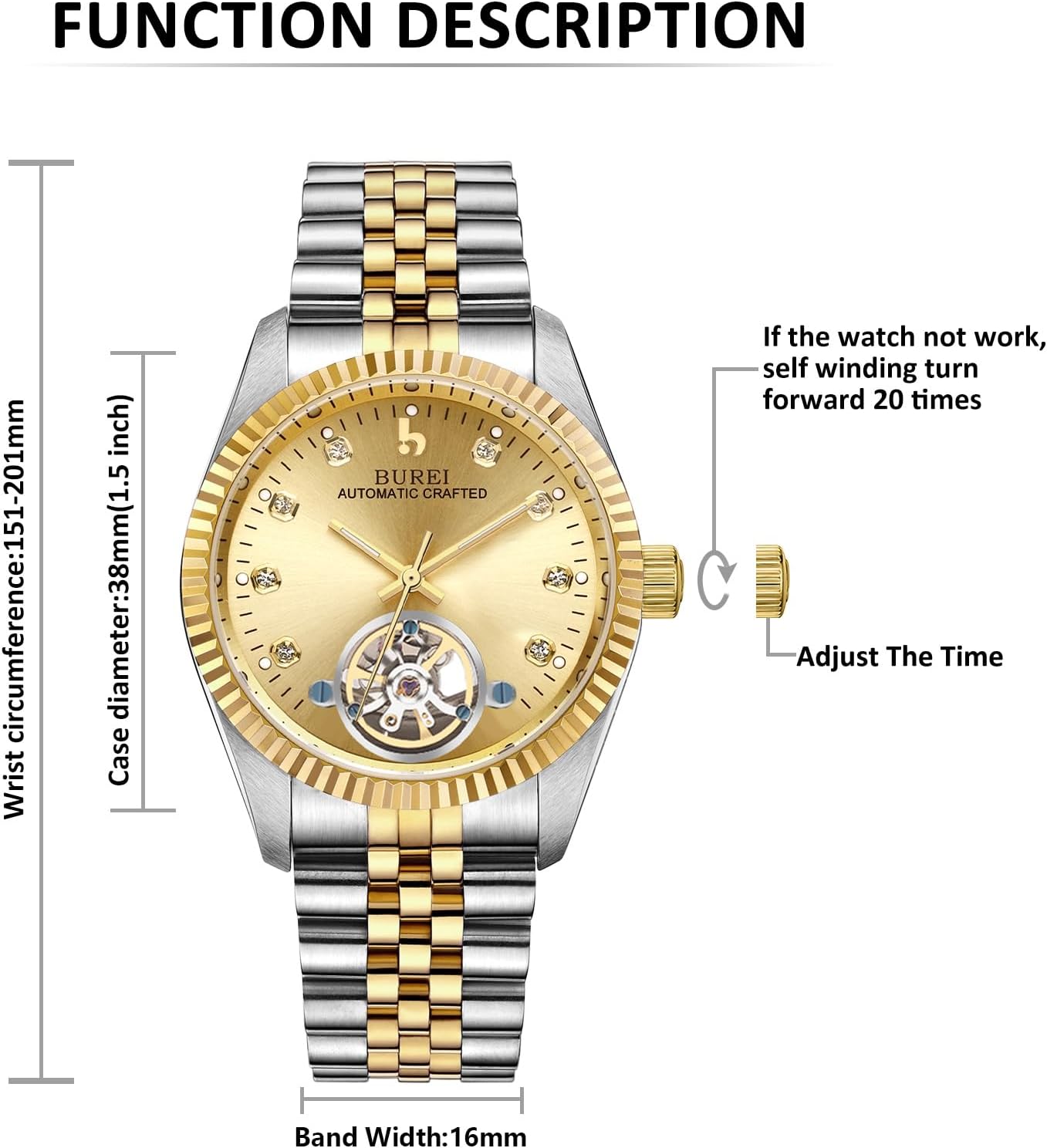 BUREI Men's Luxury Automatic Watch Fashion Waterproof Mechanical Watch, Adjustable Stainless Steel Two Tone Strap,Gift for Men