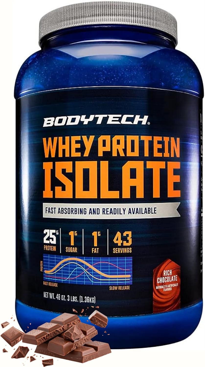 BodyTech Whey Protein Isolate Powder, Rich Chocolate, 3 LB, 43 Servings | 24G per Serving