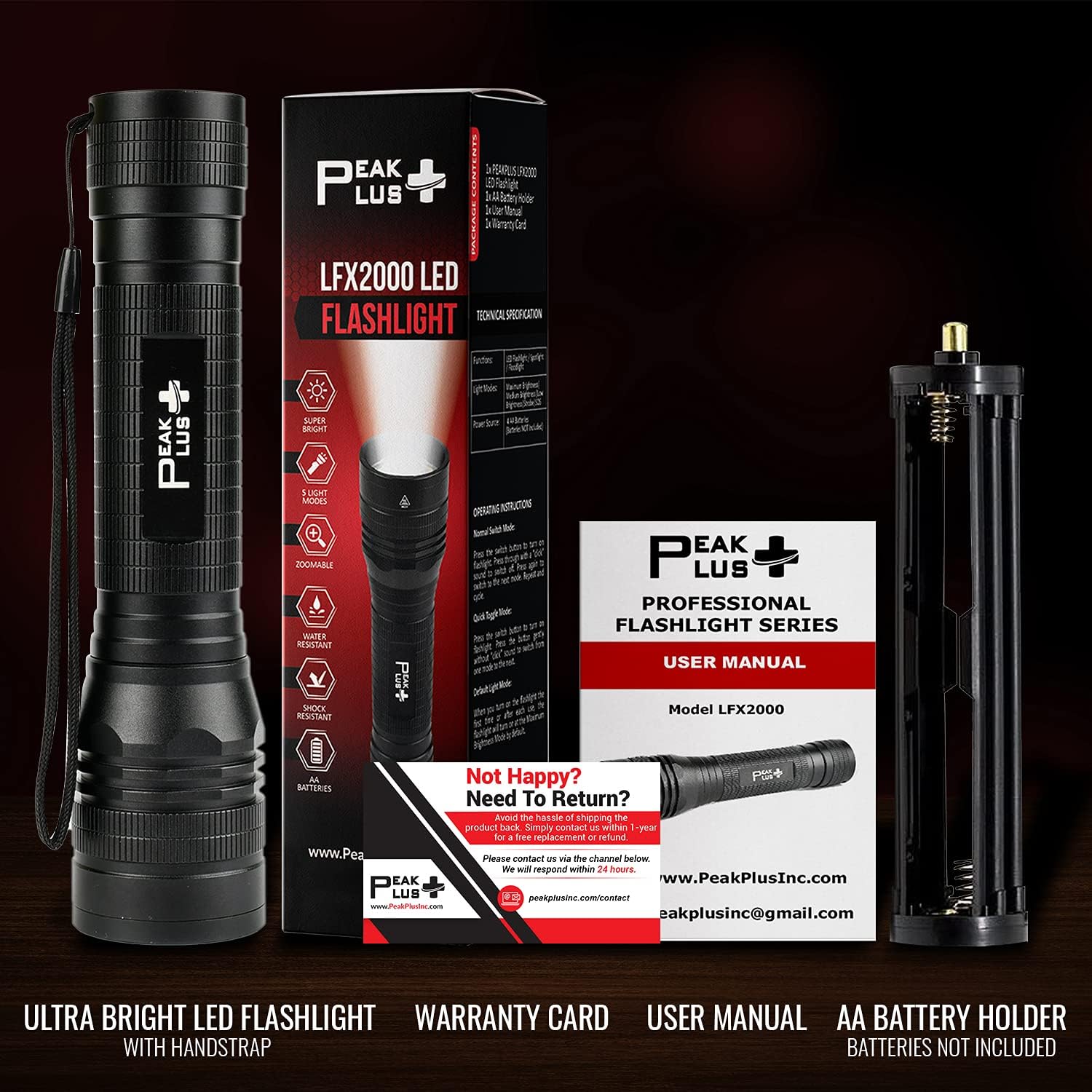 PeakPlus High Powered LED Flashlight LFX2000, Brightest High Lumen Light with 5 Modes, Zoomable and Water Resistant, Best Flashlights for Camping