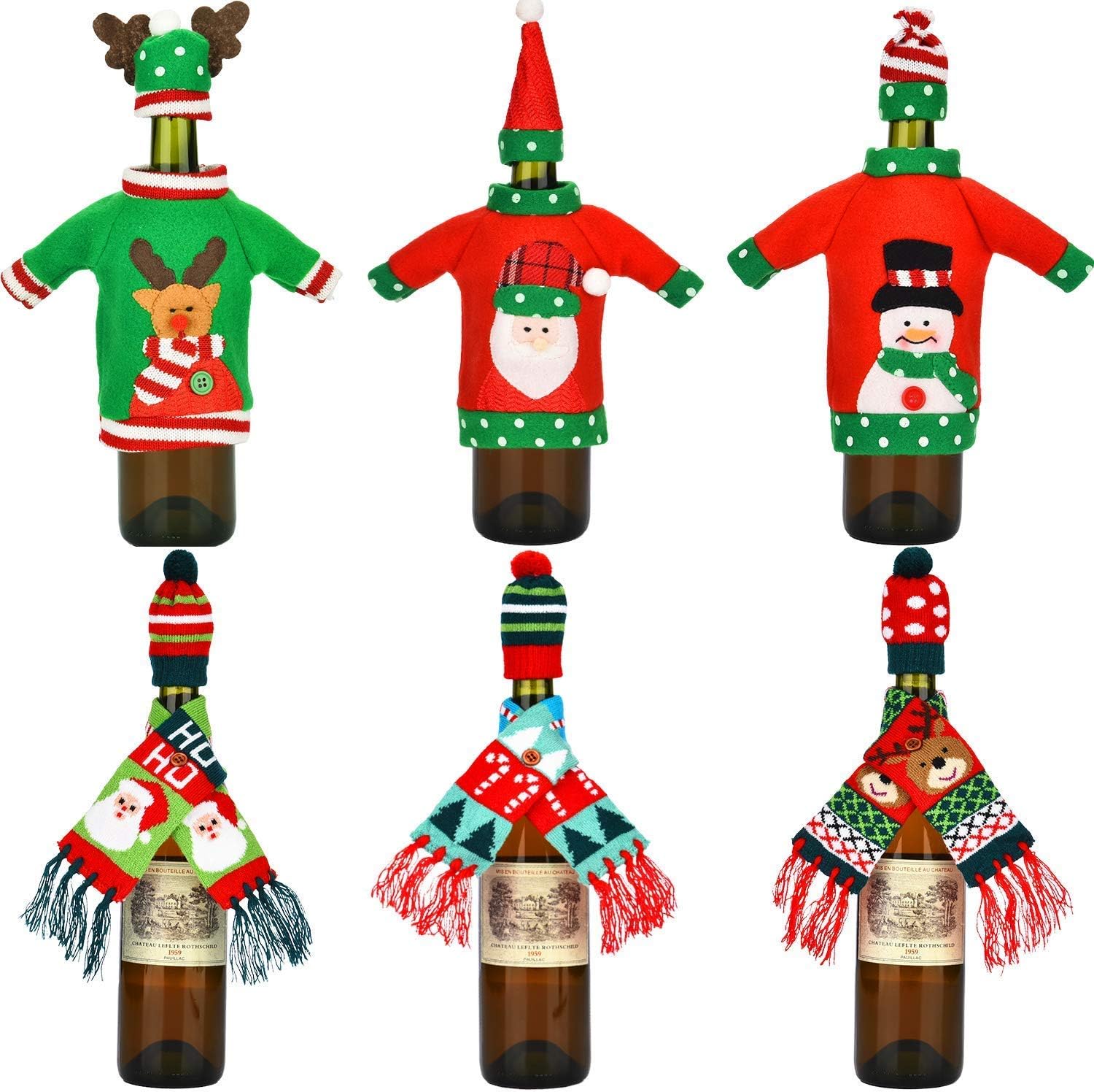 BALANSOHO 12 Pcs Christmas Ugly Sweater Wine Bottle Covers for Wine Bottles Cute Scarves Hats Cover Party Decor Table Decorations